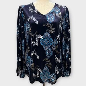Chicos Medallion Velvet Top Blouse Women 1 MEDIUM Long Sleeve Resort Office Boho
